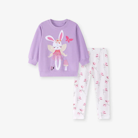 Spring and Autumn Girls Cute Rabbit Cartoon Pattern Long Sleeves Sweatshirt and Floral Pants Clothing Set-0