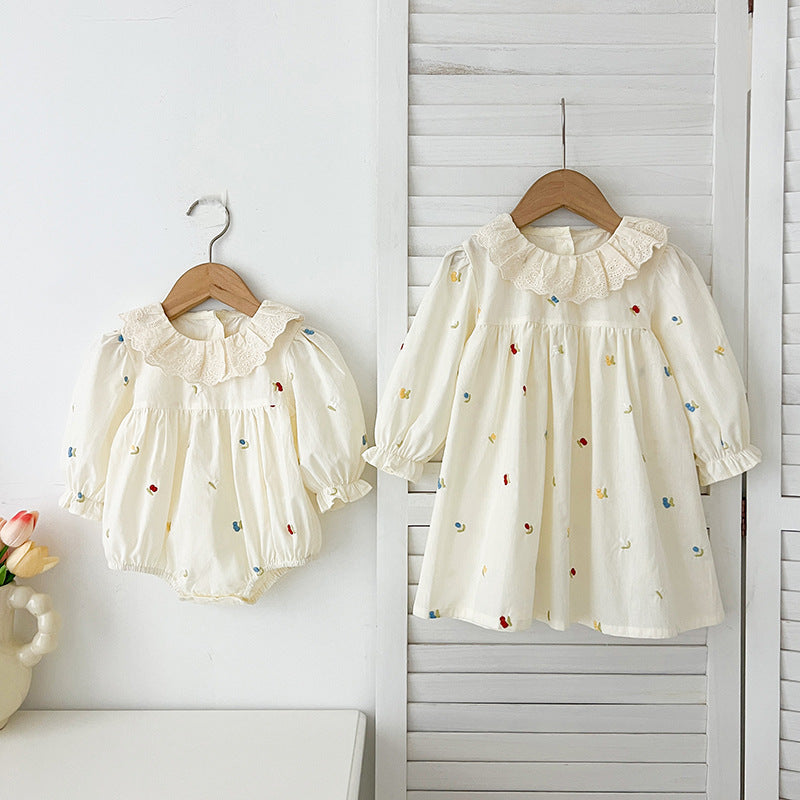 Spring Baby Girls Floral and Fruits Embroidery Pattern Long-sleeved Onesies and Dress β Princess Sister Matching Set