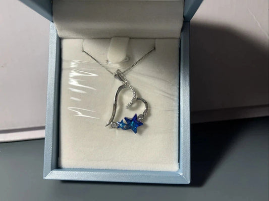 S925 Sterling Silver Heart Pendant Blue Purple Stars Cubic Zirconia 18-20” Chain
