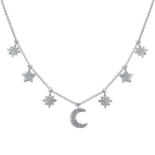 Sterling Silver 925 Rhodium Plated CZ Star and Crescent Moon Necklace - GMN00089