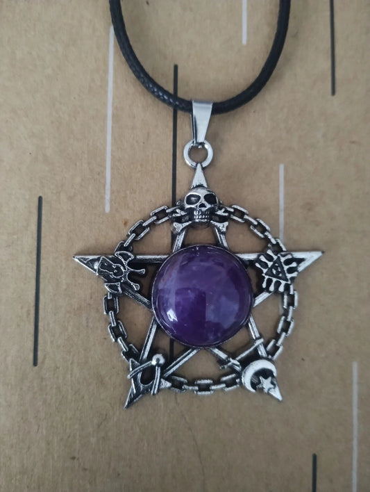 Purple Skull Star Moon Chain Ring Pendant on Leather Cord Necklace New