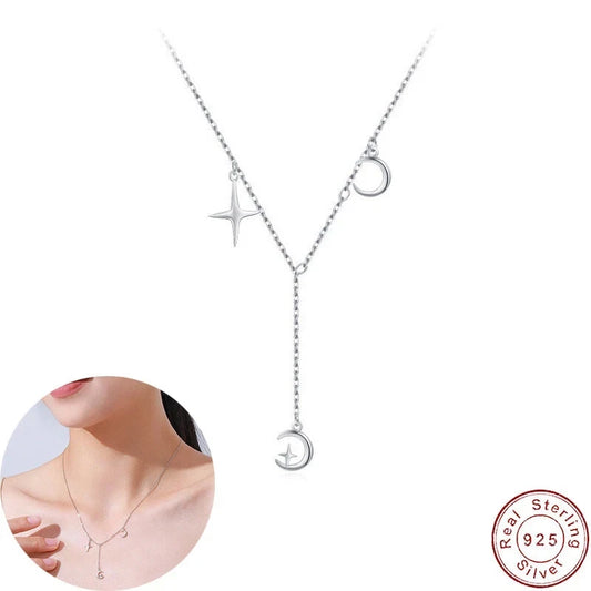 Radiant Stars and Moon S925 Sterling Silver Necklace Clavicular Chain For Women