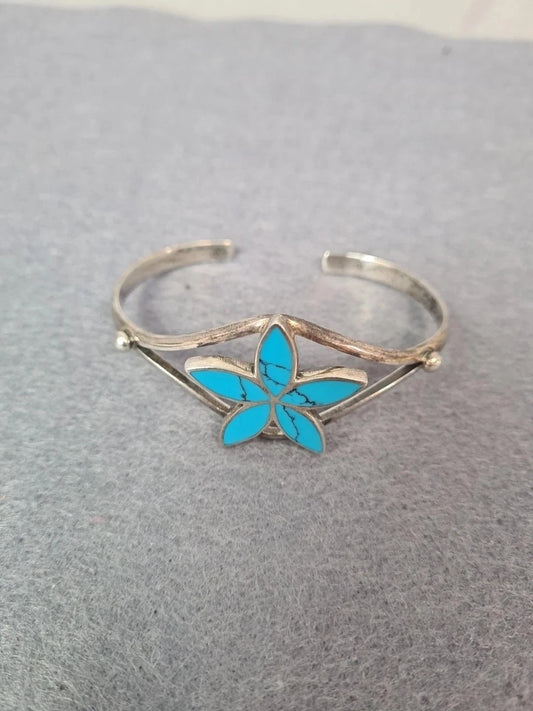 Sterling Silver 925 Turquoise Flower Petels Daisy Cuff Bracelet 6.6cm