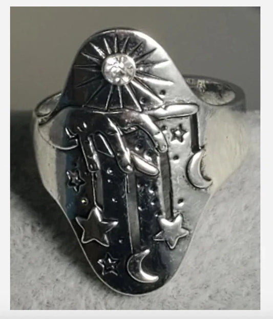 SILVER HAND MOON AND STARS RING SIZE 5 6 7 8 9 10 11 12 13