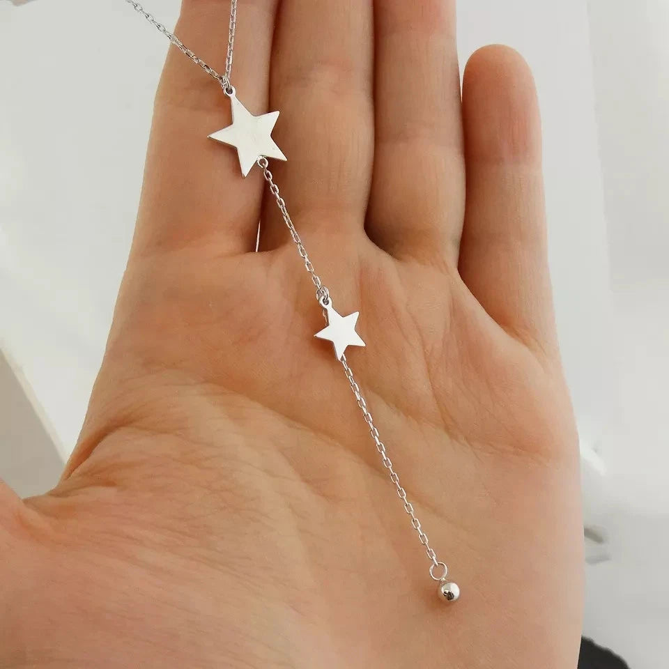 Stars Y Necklace - 925 Sterling Silver - Lariat Star Dangle Celestial Gift