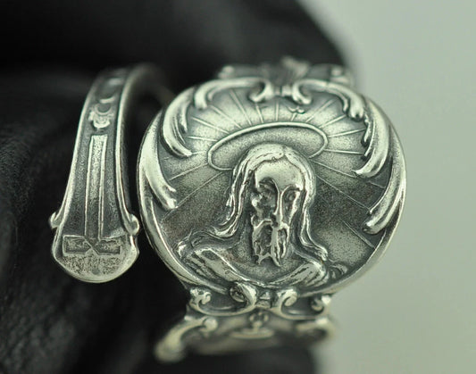 Solid 925 Sterling Silver Jesus Bell Star Adjustable Spoon Ring