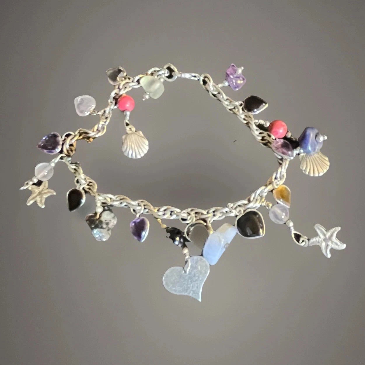Sterling 8” Charm bracelet Hearts Sea stars Agate quartz 20grams