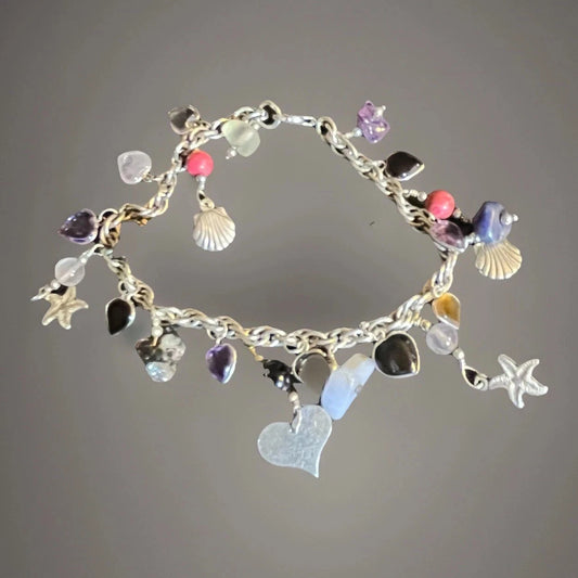 Sterling 8” Charm bracelet Hearts Sea stars Agate quartz 20grams