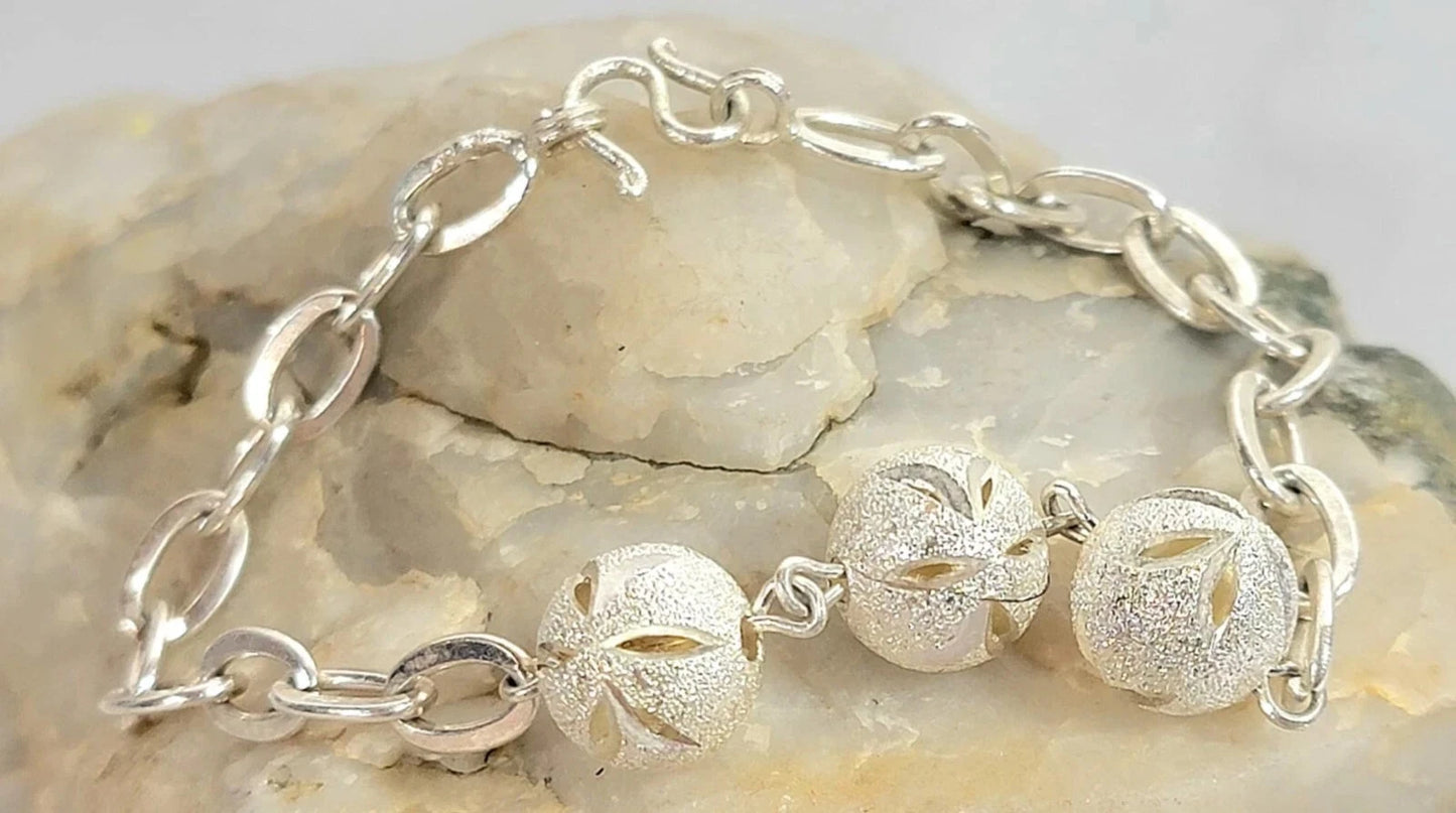 Sterling Silver Etched Star Bead Bracelet