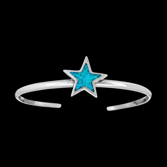 Size 6-3/4 Wrist - 925 Sterling Silver Turquoise Star Cuff Bracelet, Simple