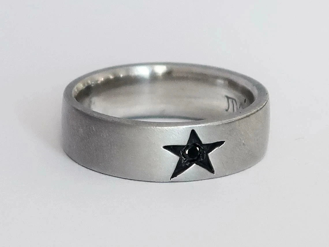 Sterling Silver Star Ring with Natural Briliant Black Diamond Limited Edition