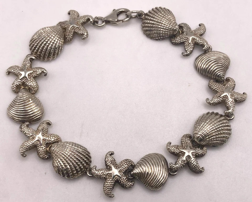 Sterling Silver Textured Seashell Starfish Sea Star Beach Shells Bracelet 7.5"