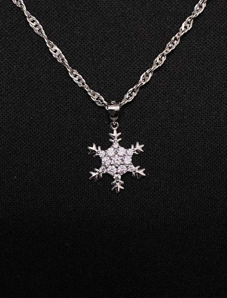 Sterling Silver CZ Snowflake Pendant With 20” Silver Singapore Chain