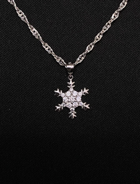 Sterling Silver CZ Snowflake Pendant With 20” Silver Singapore Chain