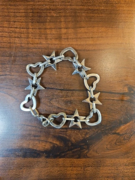 Silver Tone Heart And Stars 8" Chain Bracelet