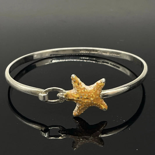 Sterling Silver 925 Orange Enamel Starfish Hook Bracelet 6.25" Beach Vacation