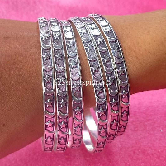 Set of 5 Star & Moon Thick Silver Bangles Solid 925 Sterling Silver Bangle #198