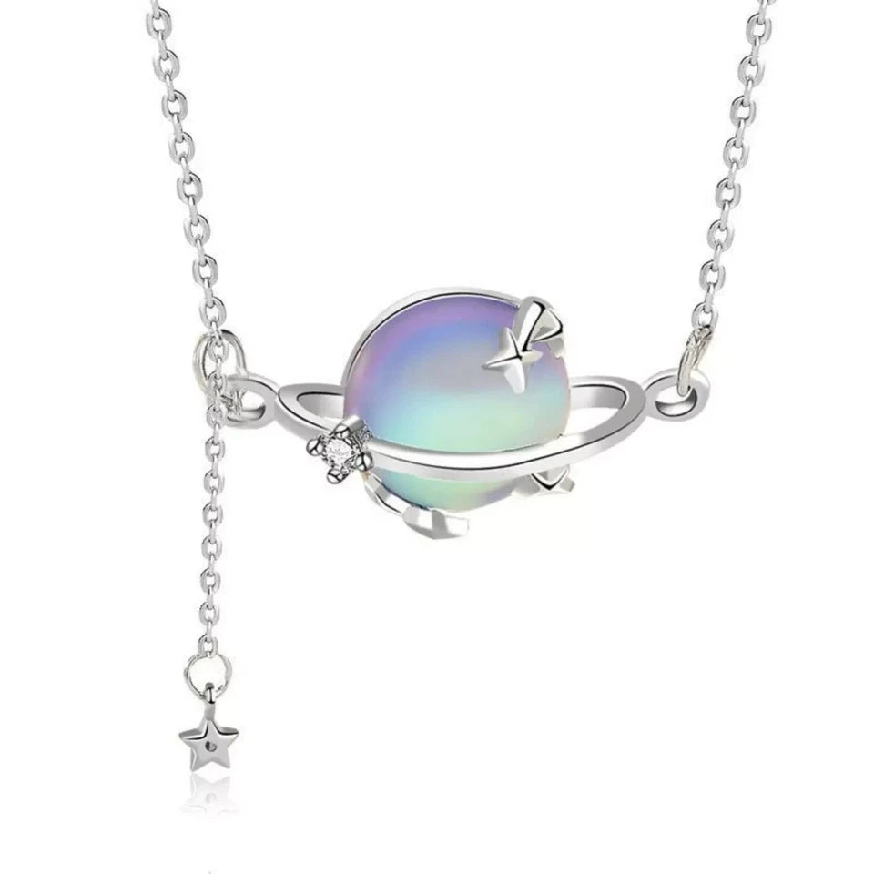 Gift Round Moonstone Planet Stars 925 Sterling Silver Necklace Jewelry Women