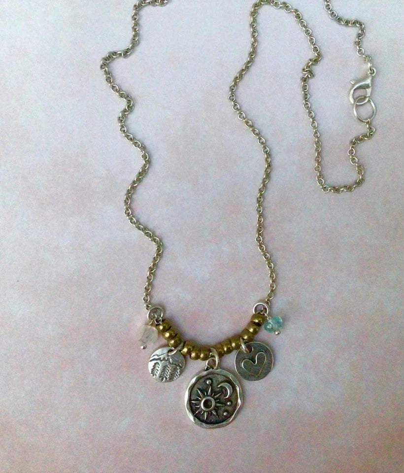 AQUAMARINE MOONSTONE SUNDANCE CHARM NECKLACE ARTISAN OXIDIZED SILVER JEWELRY NEW
