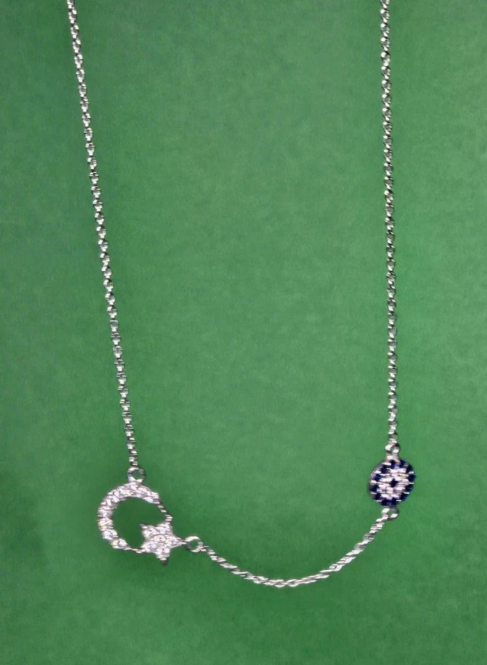 Blue Evil Eye With Crescent Moon And Star On 925 Silver Chain Necklace Jewelry