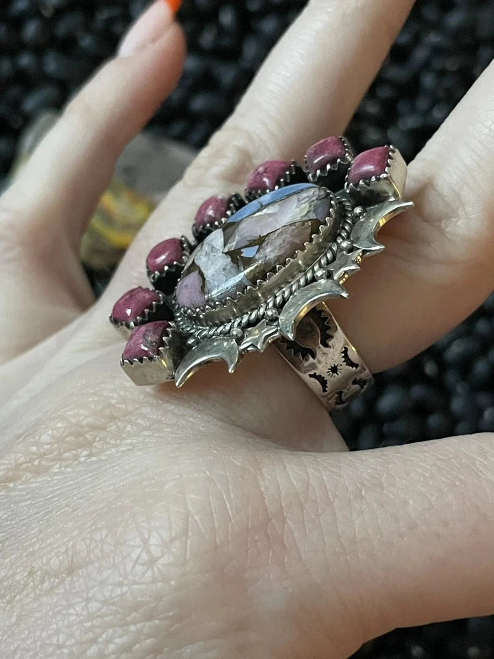Sterling Silver Pink Rhodonite Multistone Stars & Moons Adjustable Ring~Stamped