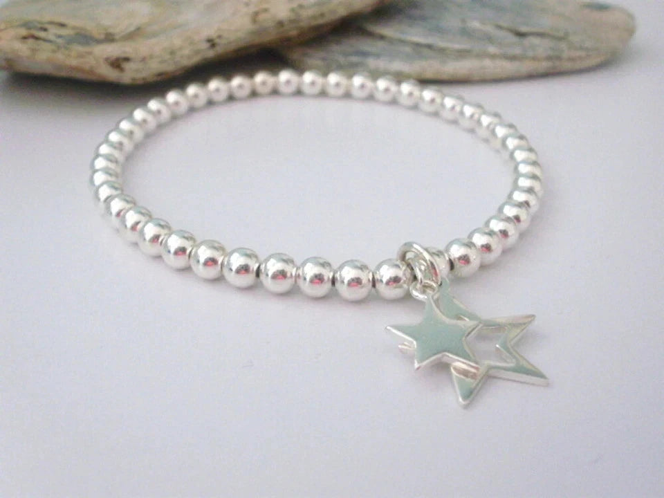 Sterling Silver Stretch Bead Bracelet with Double Star Charms, Gift Boxed, Sizes