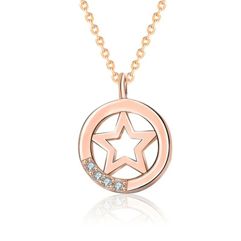 Casual Hollow Star CZ 925 Sterling Silver Necklace,Rose Gold,Pendant,Jewelry