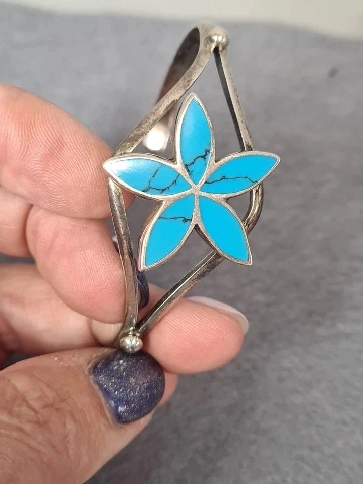Sterling Silver 925 Turquoise Flower Petels Daisy Cuff Bracelet 6.6cm