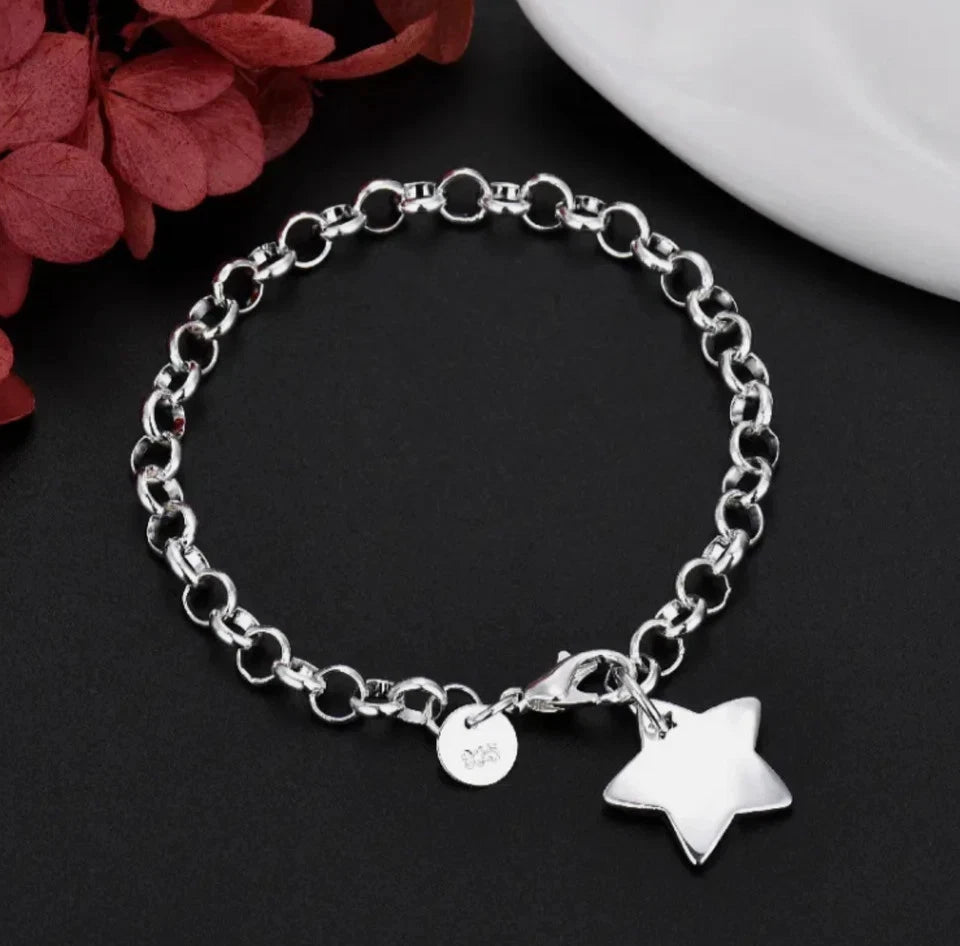 925 Sterling Silver Star Bracelet, Charm Bracelet, Gift Bag Included