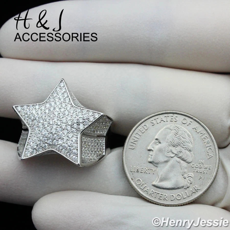 MEN SOLID 925 STERLING SILVER ICY BLING CZ 3D STAR SHAPE RING*ASR107