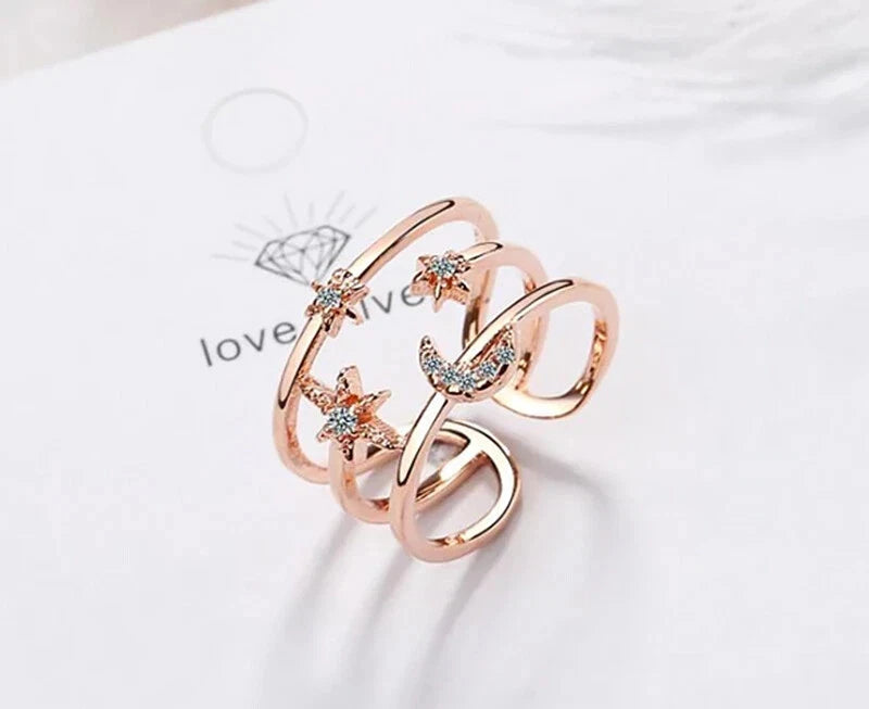 Crystal Moon Star 925 Silver Rings Adjustable Rings