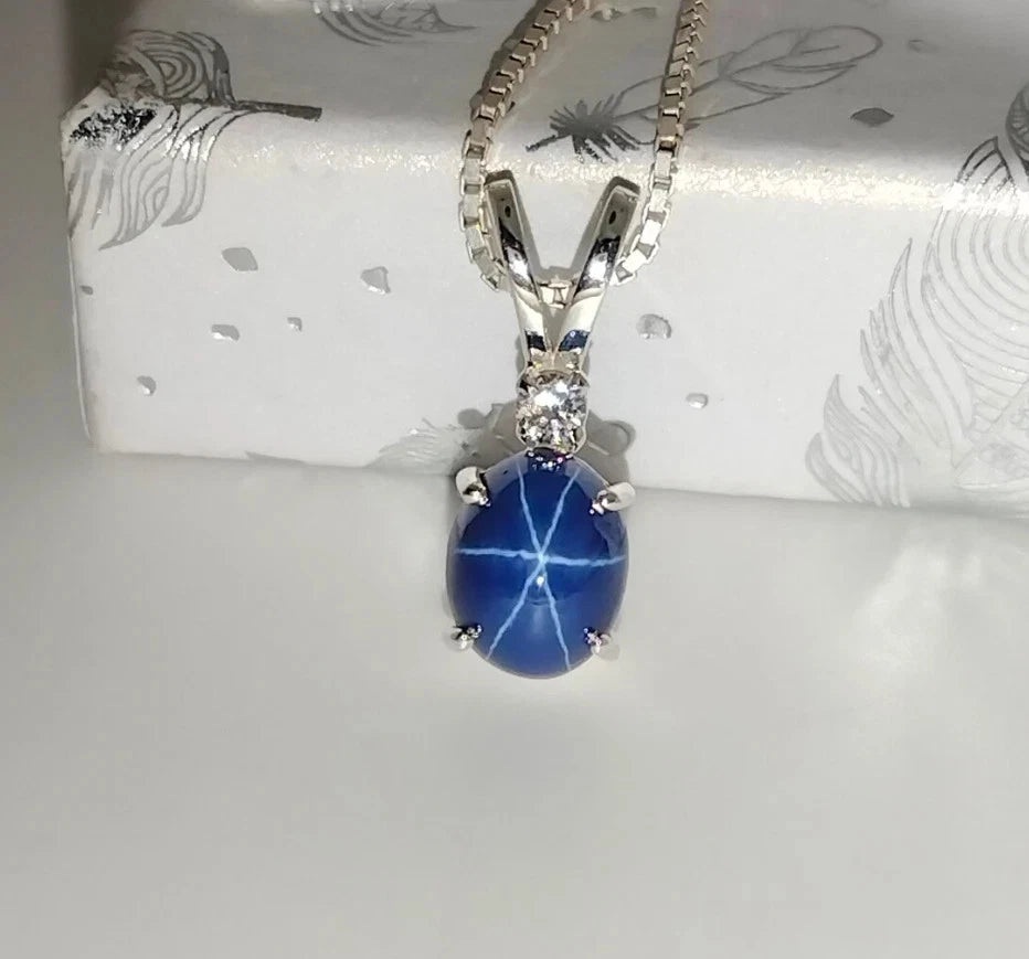 Natural Oval Cut 6 Rays Star Blue Sapphire Gemstone 925 Sterling Silver Necklace