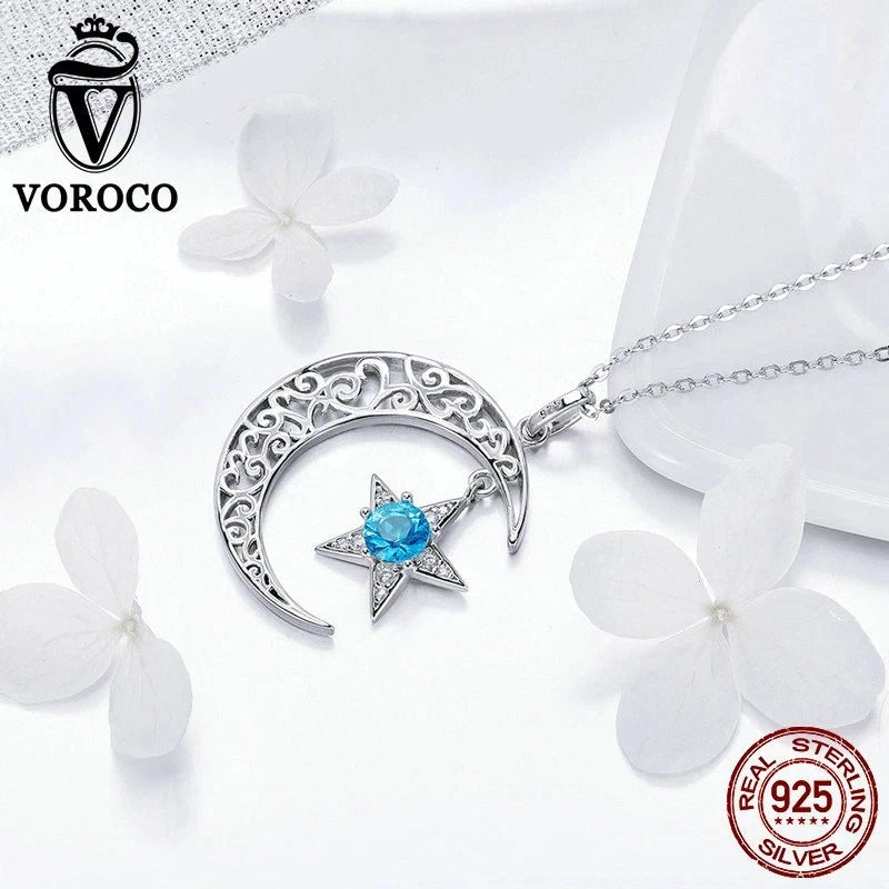 Voroco 925 Sterling Silver Moon Star Pendant Necklace Blue CZ Chain Jewelry