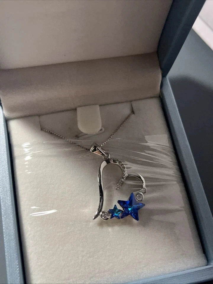 S925 Sterling Silver Heart Pendant Blue Purple Stars Cubic Zirconia 18-20” Chain