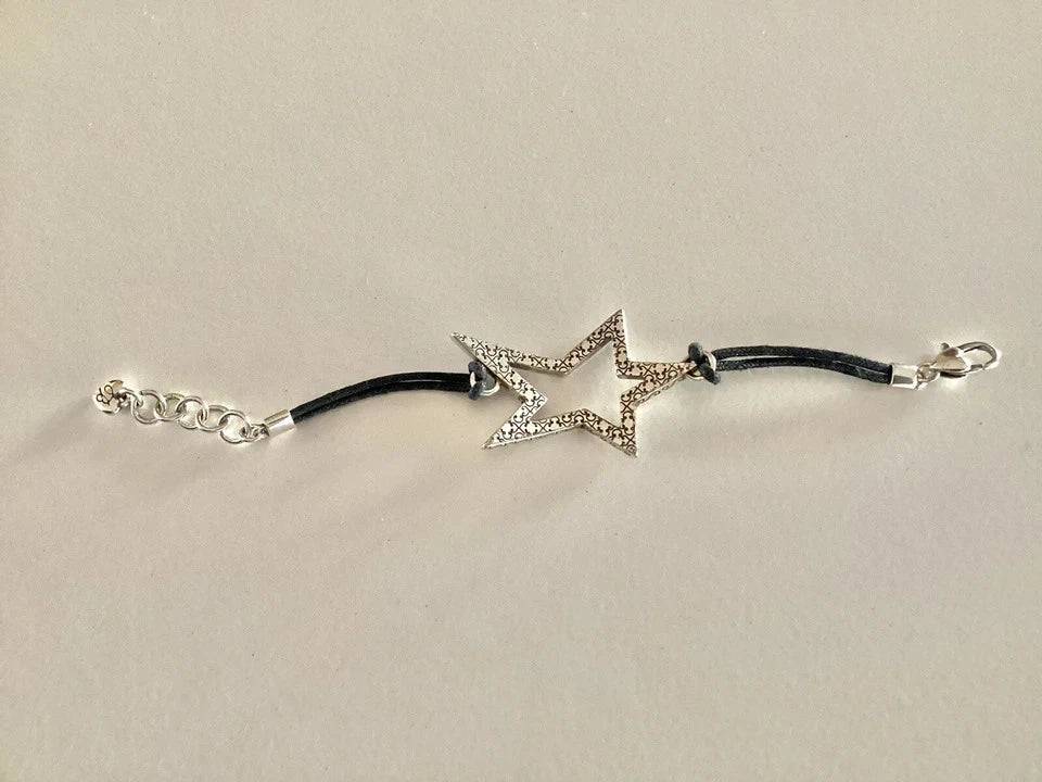 Brighton Starry Night Uber Star Bracelet Clear Crystals Black Cord Silver