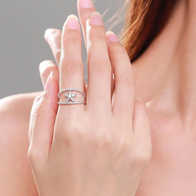European Double layered Lines Star CZ S925 Sterling Silver Finger Ring For Women