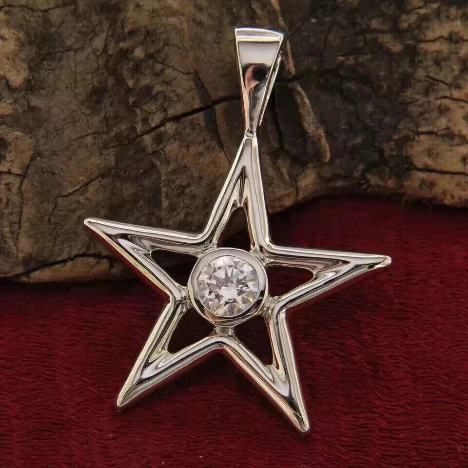 Round Simulated Diamond Stunning Star Bezel Fancy Pendant 14K White Gold Plated