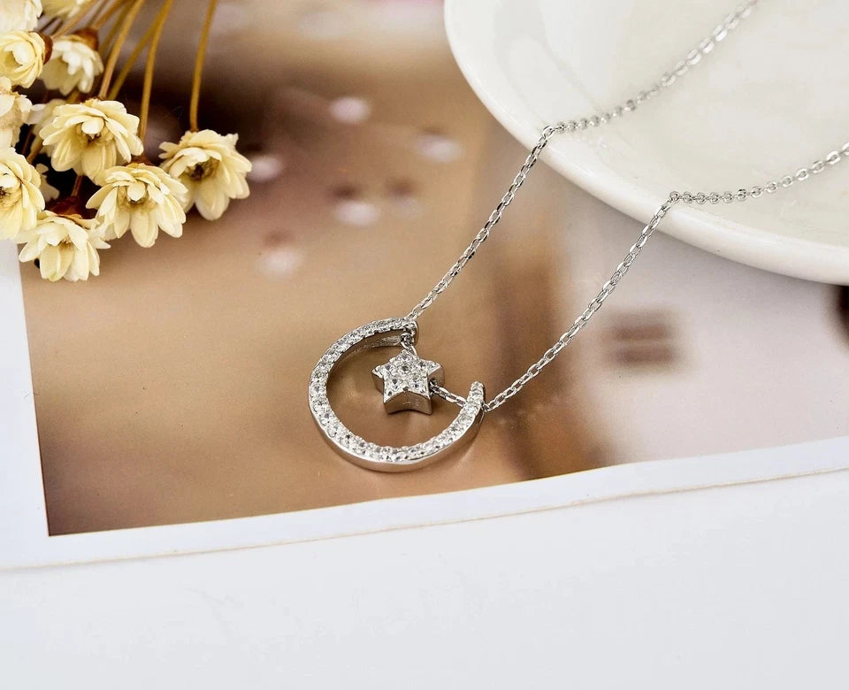 Women 925 Sterling Silver Cute Crescent Moon Star Charm Pendant Necklace Jewelry