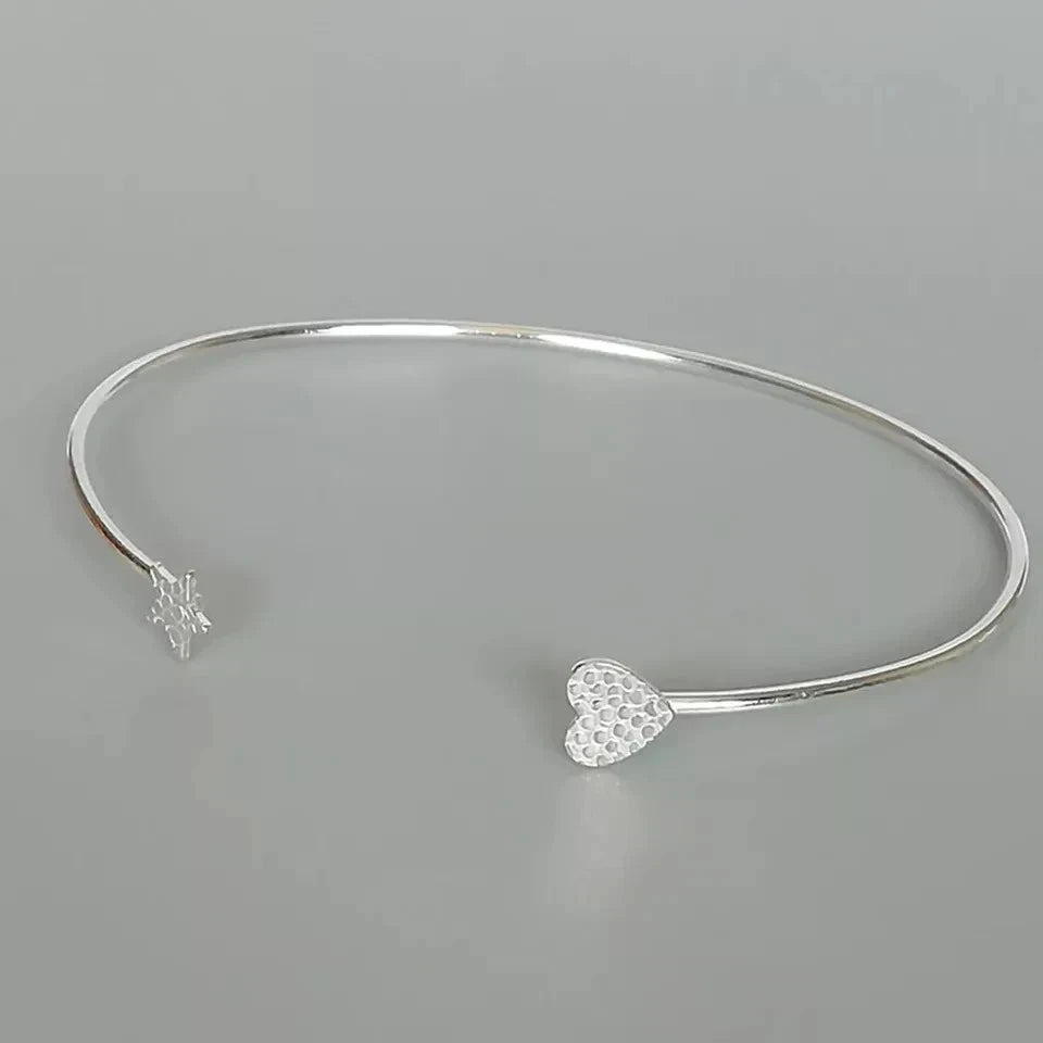 925 Sterling Silver Heart & Star Bangle Open Ended Minimalist Bracelet op170