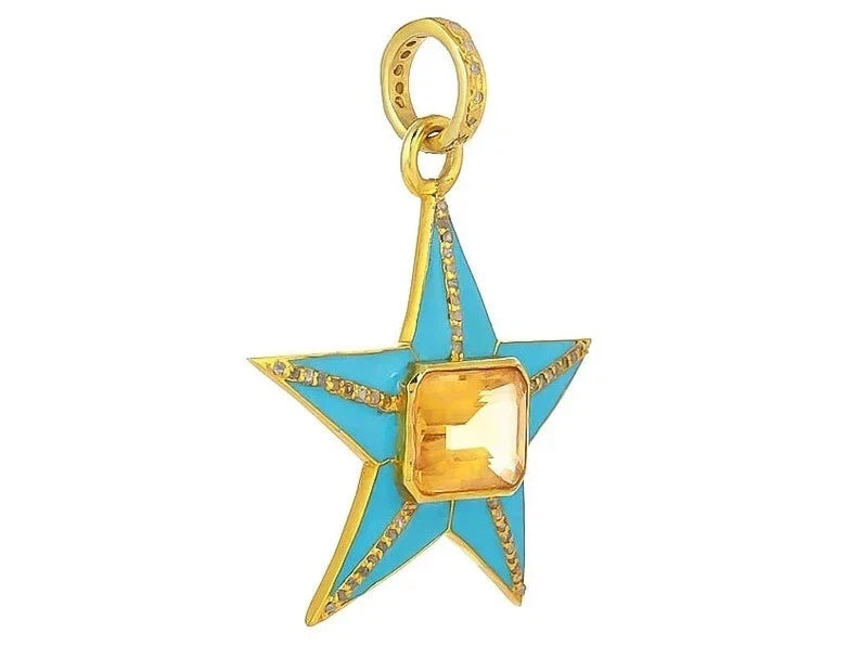 Sterling Silver Diamond With Yellow Sapphire Enamel Star Charm Pendant Jewelry