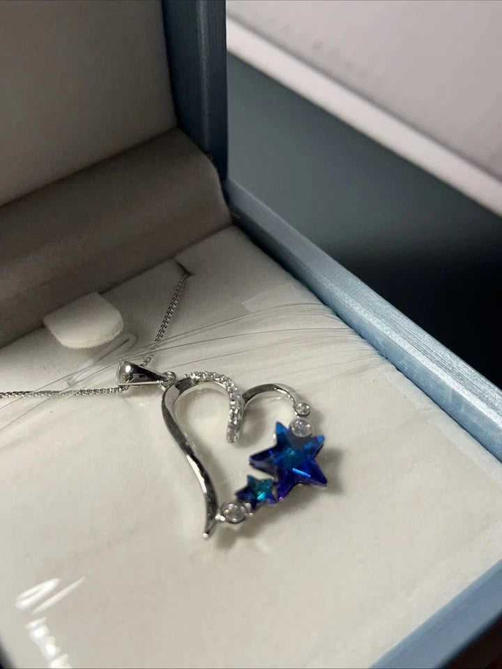 S925 Sterling Silver Heart Pendant Blue Purple Stars Cubic Zirconia 18-20” Chain
