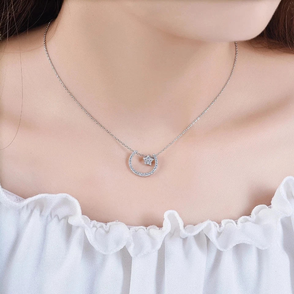 Women 925 Sterling Silver Cute Crescent Moon Star Charm Pendant Necklace Jewelry