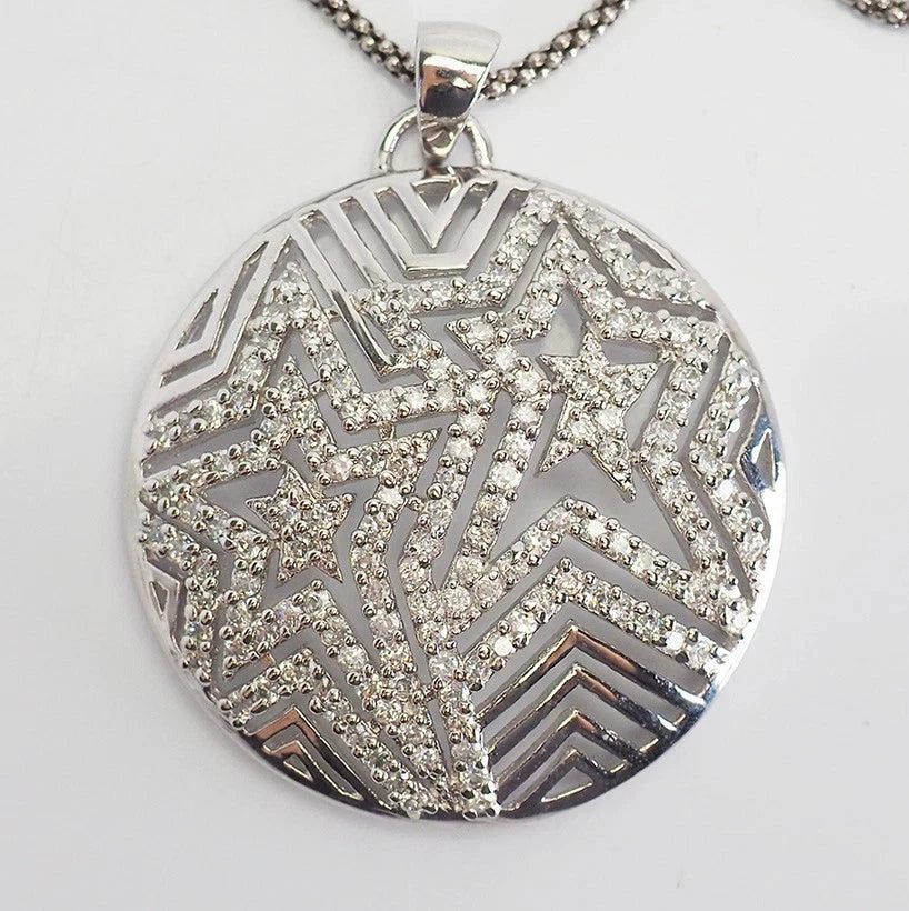Sterling silver studded crystals star detail round pendant necklace