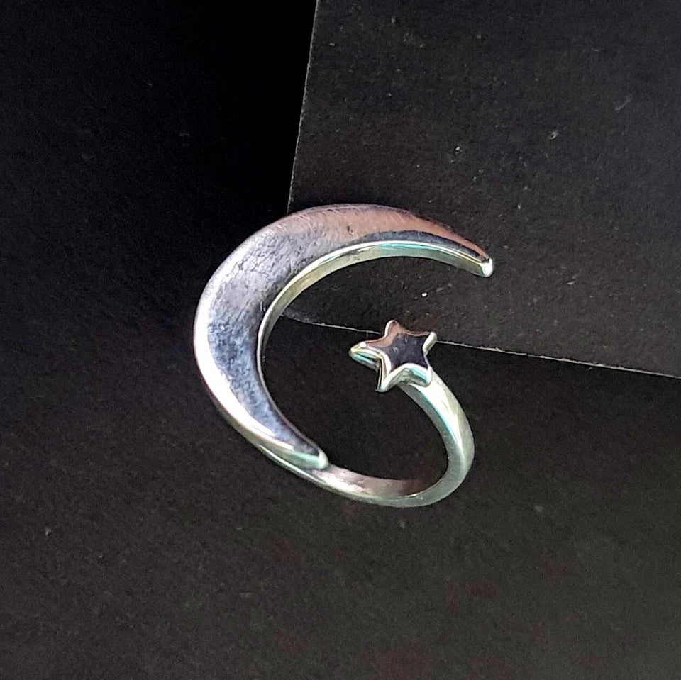 925 Solid Sterling Silver Jewelry Star Moon Shape Adjustable Ring