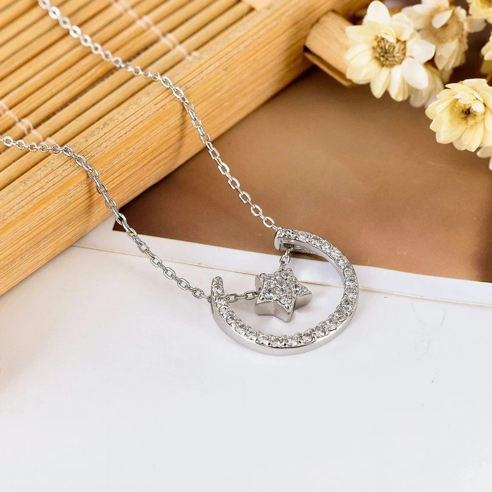 Women 925 Sterling Silver Cute Crescent Moon Star Charm Pendant Necklace Jewelry