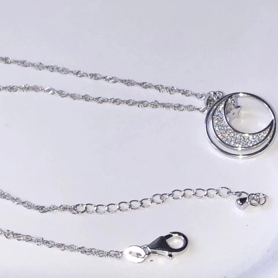 Crescent Moon Star 925 Necklace White Pavè Crystal with Dangling Charm 18-20”