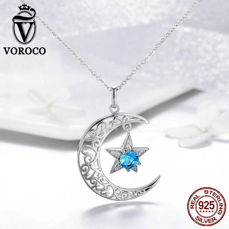 Voroco 925 Sterling Silver Moon Star Pendant Necklace Blue CZ Chain Jewelry