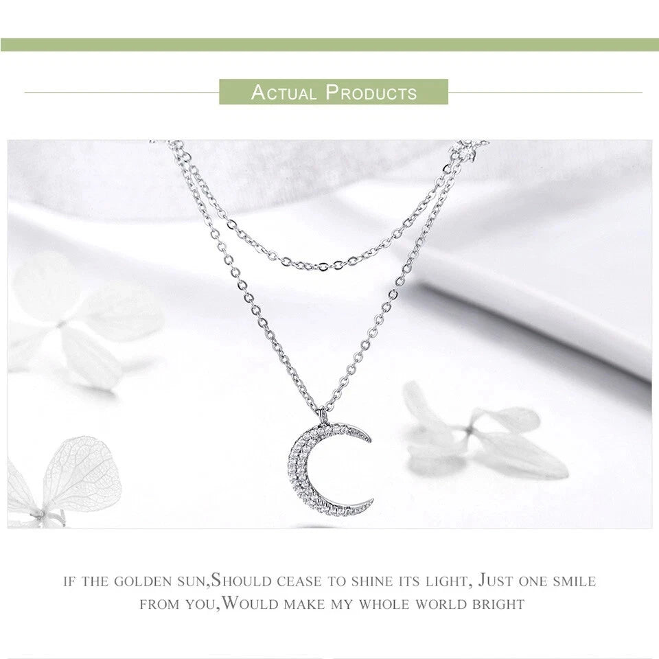 BAMOER S925 Sterling Silver necklace chain Moon&stars With CZ For Women Jewelry