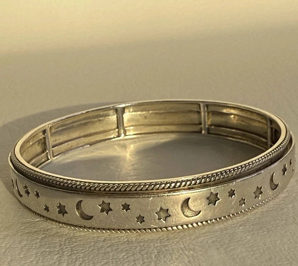 Stars & Moon Signed D’joy 925 Sterling Silver Spinner Bangle Bracelet 7.25