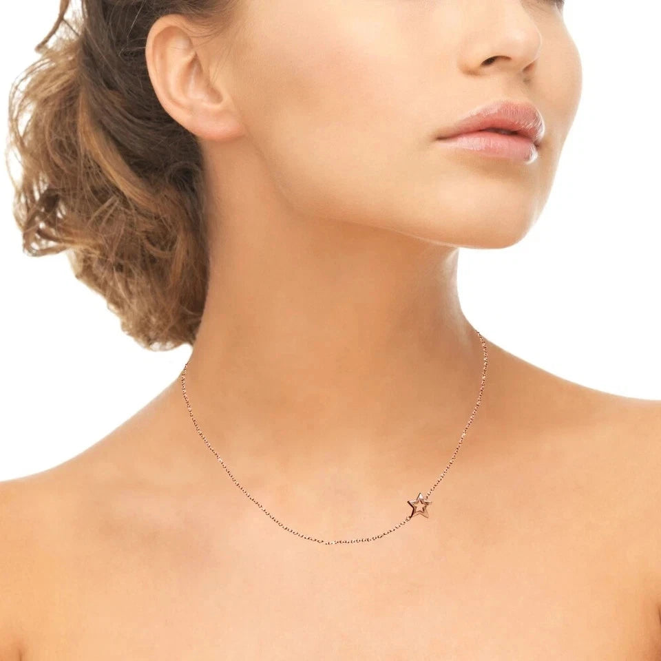 Polished Open Star Sideways Chain Necklace in Gold Plated Sterling Silver